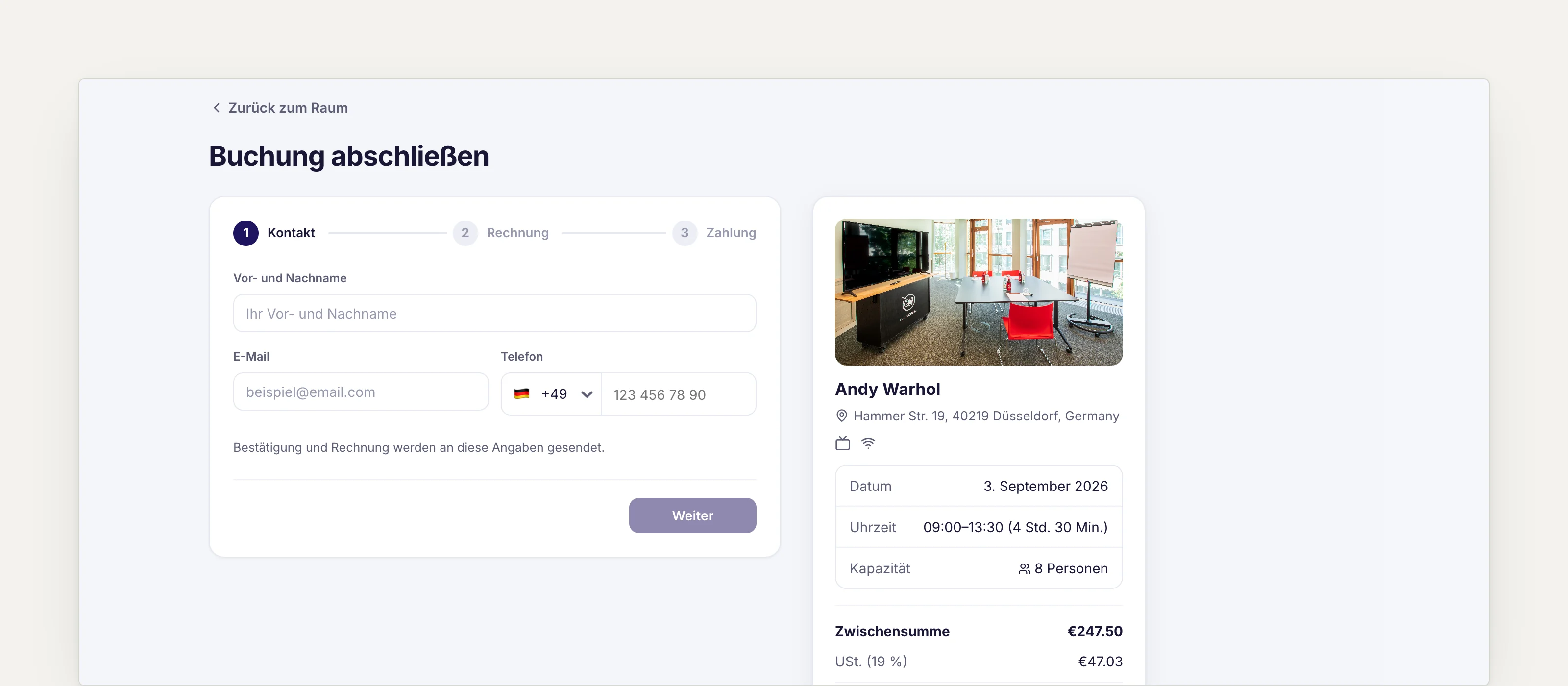 Checkout step one of three: contact details form with the booking summary, date, time window and price including VAT