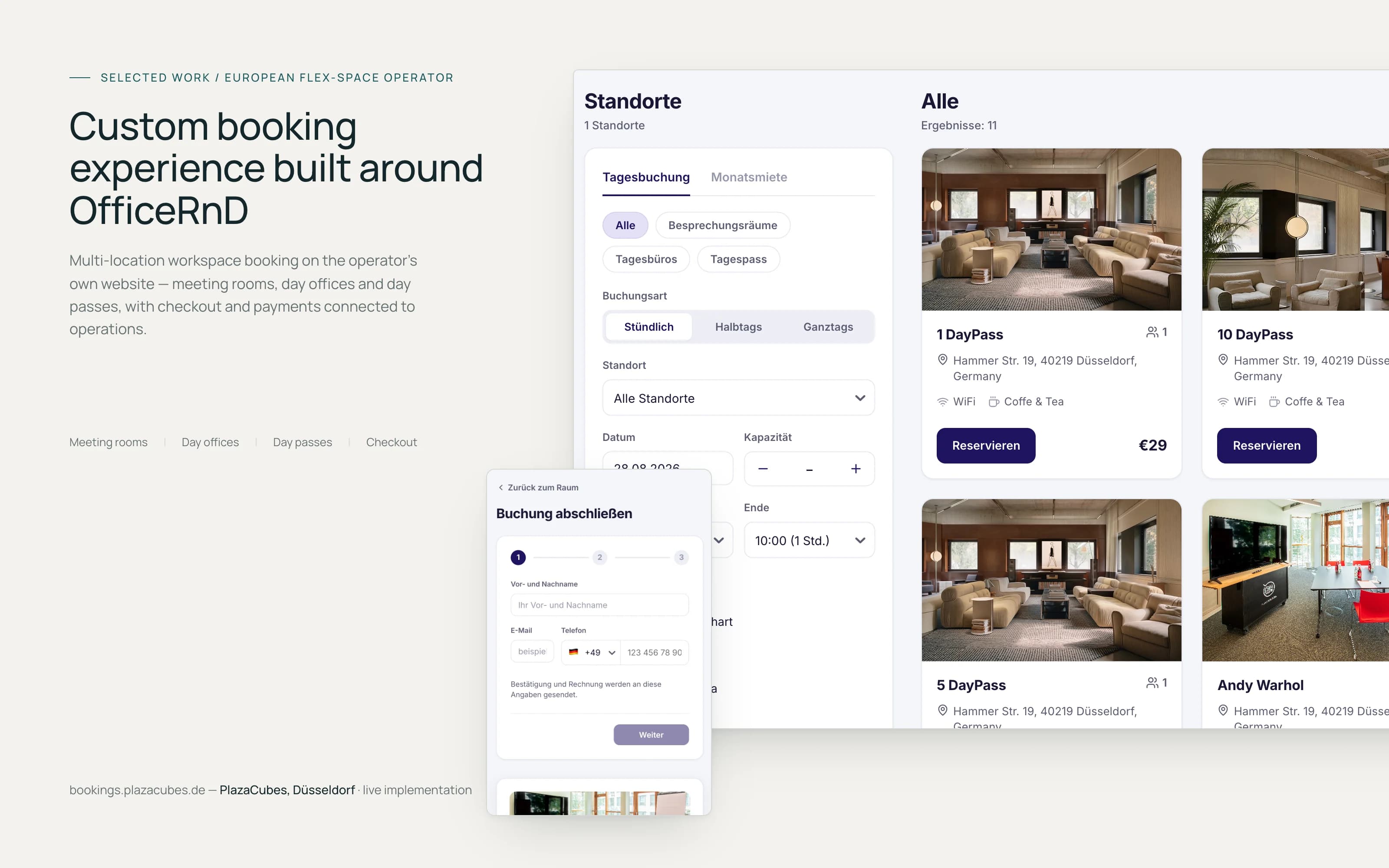 PlazaCubes booking website: location listing with filters and the mobile checkout step