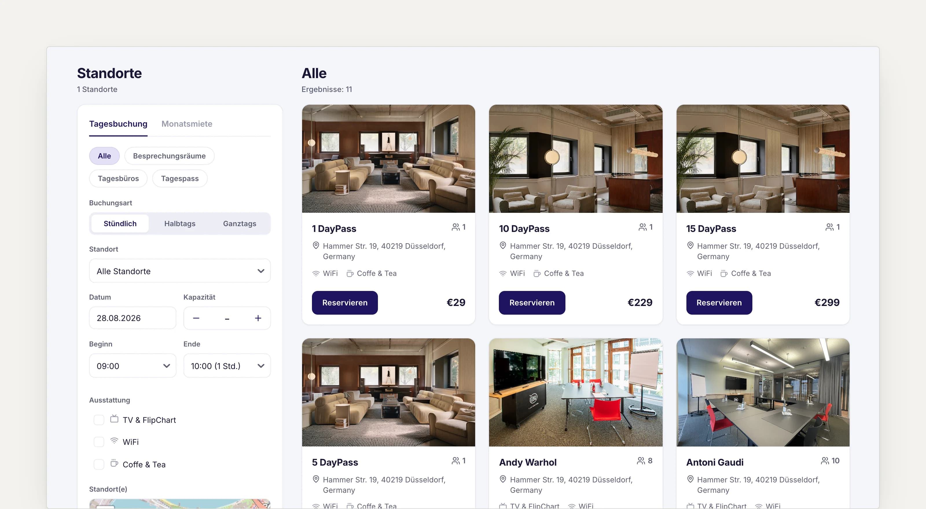 Listing page with filters for booking type, date, time, capacity and amenities, and resource cards with live prices
